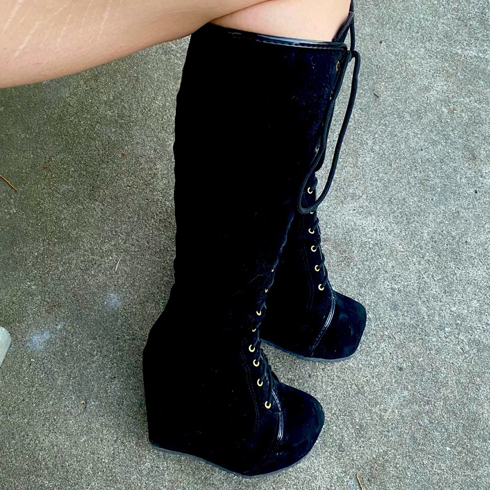 Black “Velvet” Lace-Up Knee-High Wedge Boots